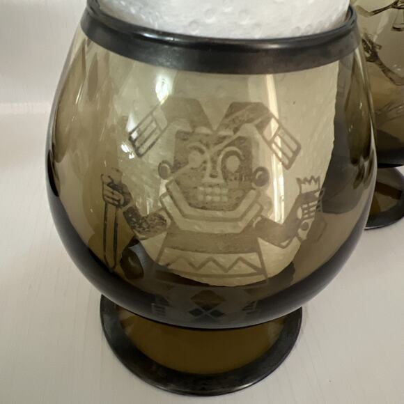 6 Vtg Smoked Smoke Glass Glasses Snifter Brandy Scotch Cognac Bar Peru Mayan - Picture 12 of 16